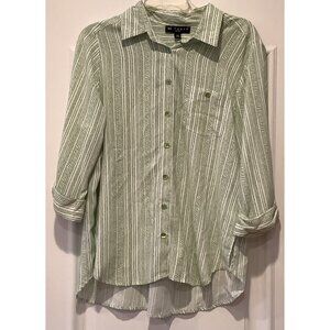 N Touch Button Front Shirt Size Petite Medium Green White Striped 3/4 Sleeves